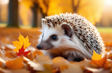 Hedgehog in forest with colorful autumn leaves