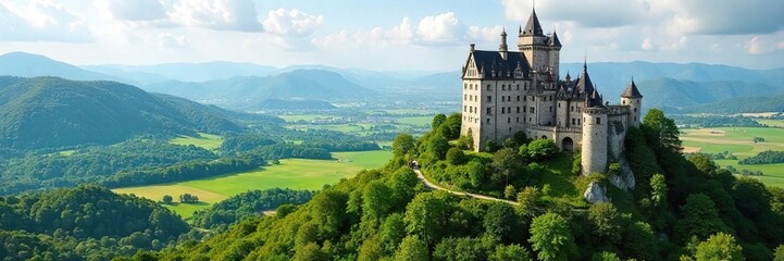 Majestic Medieval Castle on Scottish Hilltop Panoramic View of Rolling Green Hills and Vibrant Landscape - Perfect for Travel and History Websites