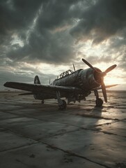 Obraz premium A vintage propeller plane is parked on a wet tarmac at sunset, with dramatic clouds overhead. The scene evokes a sense of nostalgia and adventure.