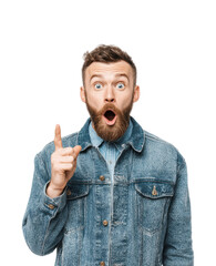 Exciting revelation from a surprised man portrait isolated on transparent background