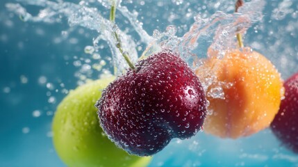Fresh fruit splash water background healthy eating cherry apple apricot fruit diet