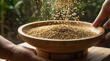 Winnowing rice or lentils in a bamboo tray — hands visible, grains flying mid-air for dynamic action 2