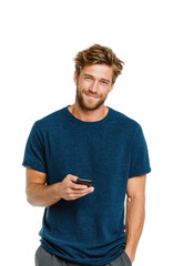 Young man using smartphone lifestyle portrait casual vibe isolated on transparent background
