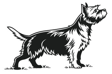 Elegant Black and White Silhouette of a Cairn Terrier with an Alert Expression and Distinctive Fur Texture