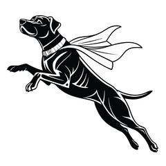 Fototapeta premium Dynamic Black and White Illustration of a Dog Leaping with Cape Exuding Energy and Determination Canine Super Hero