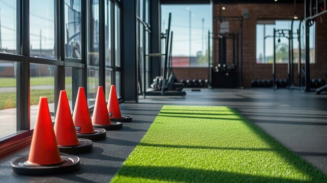 Fitness center training facility with cones and turf for athletic performance workout
