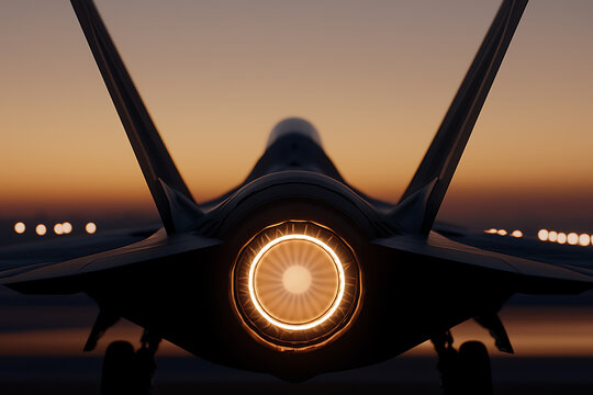 Rear view of a military jet aircraft with its engine glowing bright, set against a vibrant orange and pink sky at dawn or dusk on an airfield.