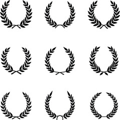 Nine black silhouette laurel wreaths award icons