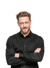 Confident businessman smiling in professional attire portrait positive vibe isolated on transparent background