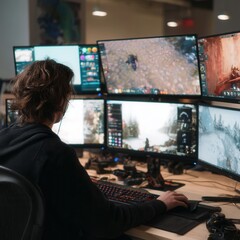 Gamer playing video games on multiple monitors setup for streaming and esports event