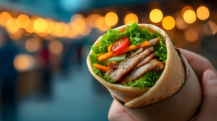 Shawarma wrap cut open showing filling of meat and vegetables, blurred busy street food area