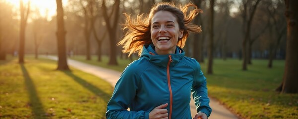 Smiling young woman runs in city park early morning sun. Female athlete jogging outside, enjoying healthy lifestyle. Happy runner does cardio training. Sport, fitness, wellbeing, activity.