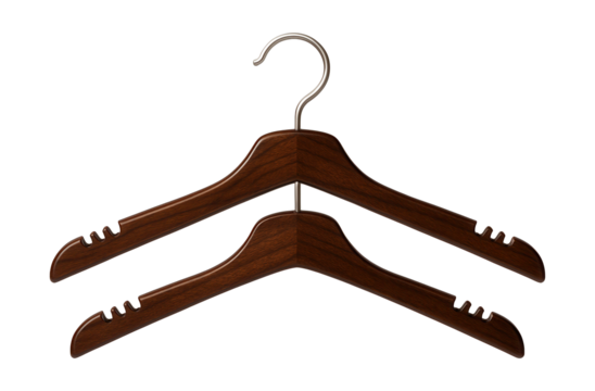 Wooden pants hangers with notches for belts, combining utility and aesthetics for a refined wardrobe setup.