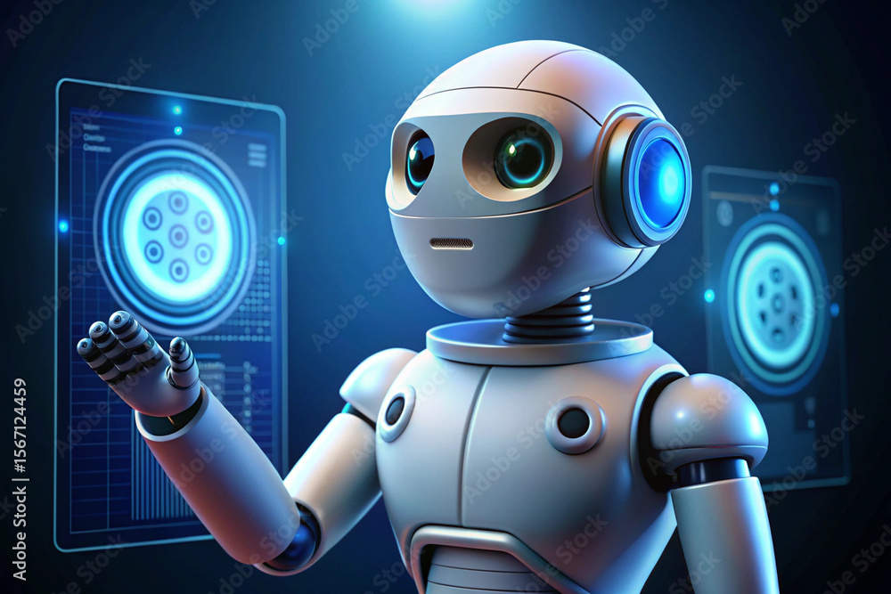 Poster cute robot interacts with digital screens, showcasing futuristic technology and artificial intellige