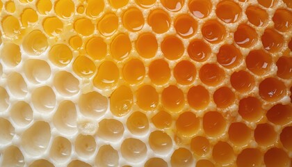 Close-up top view of honeycomb filled fresh honey. Natural golden, yellow, white cells. Sweet food macro tech details. Healthy food, organic product of apiculture, bee product.