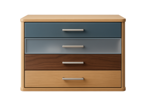 A modular dresser with interchangeable drawer fronts, allowing customization in a versatile living area.