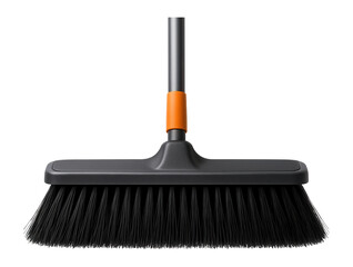 Heavy-duty long-handled push broom with rubber edges, suitable for sweeping large garage floors in a private home.