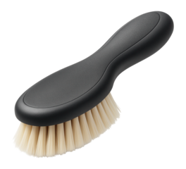 Ergonomic clothing brush with soft nylon bristles and a rubber grip, designed for delicate fabrics like silk blouses in a townhouse.