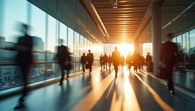 Abstract blur of business people walking quickly in modern office building with large windows and city skyline. Dynamic motion, rush hour, busy business environment.
