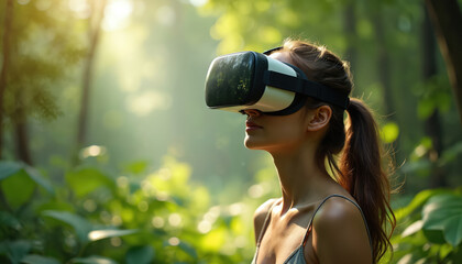 Young woman wearing VR headset, immersed in virtual reality experience within rich green forest. Digital innovation merges with nature tech. Metaverse, futuristic entertainment. Exploration,