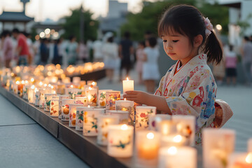 A young girl in traditional garb holds a candle among a row of glowing lanterns, radiating peace and cultural heritage during a festival.