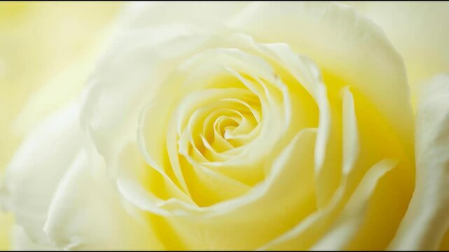 Pristine white rose gradually unfolding, revealing delicate layers with soft yellow tones emerging from center against immaculate white background, symbolizing natural floral elegance