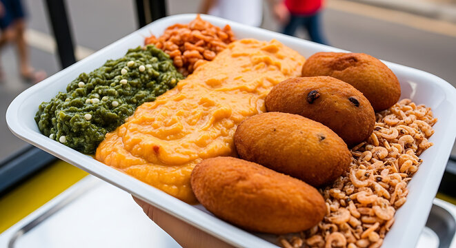Close up view of acaraj&eacute; tray with vatap&aacute; caruru fried dumplings and dried shrimp street food in brazil