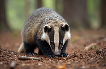 European badger in natural wood habitat. Wild animal sniffing ground looking for food. Omnivorous mammal in forest. Brown, black, white colors. Wildlife animal, fauna.
