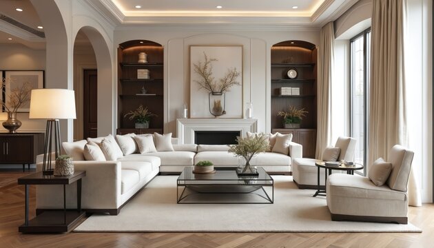 Luxurious transitional living room blends traditional modern elements. Neutral color palette, tufted sofa. Glass tables, elegant furniture, cozy decor. Interior design, home decor, comfort. Stylish,