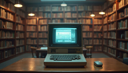 Vintage computer on desk in library. Old desktop monitor with keyboard. Bookshelves background, study space. Retro tech, historical electronic device in museum, exhibition. Technology history,