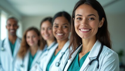 Fototapeta premium Diverse team medical professionals smiling at camera. Doctor in white lab coat with stethoscope at forefront. Friendly hospital staff, healthcare workers, nurses, physicians, ready to serve.