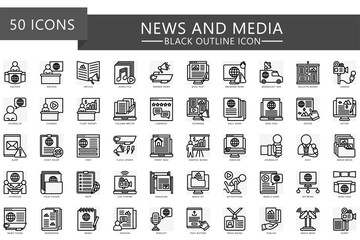 News and media black outline icons set. contain anchor, note, article, breaking news, feed, camera, editor, video, post, magazine and more. Vector for UI, UX kit, web and app journalist, broadcasting.