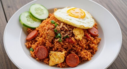Delicious Fried Rice (Nasi Goreng) with Sunny-Side Up Egg and Sliced Sausage
