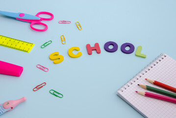 School stationery on a blue background
