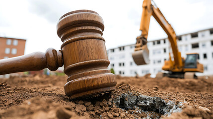 Legal and Construction: A wooden gavel rests on broken ground, with a construction excavator in the background, symbolizing law meeting progress.