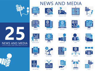 News and media dual tone icons set. contain blog, breaking news, broadcast van, host, headline, editor, camera, microphone, script and more. Vector for UI, UX kit, web and app journalism, broadcasting