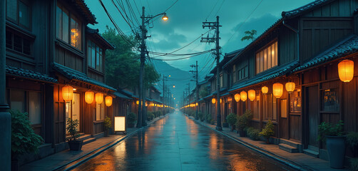 Naklejka premium Anime-style Japanese townscape with cozy lo-fi Asian architecture. Charming town atmosphere, warm lanterns illuminate street. Tokyo anime comic art style, traditional wooden houses, calm street