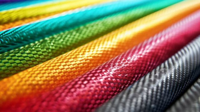 Colorful woven materials displayed in a row showcase diverse textures and vibrant hues at a textile market