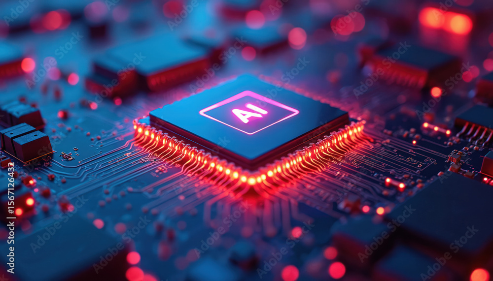 Poster close-up of semiconductor chip featuring ai technology, detailed circuitry. modern tech, digital tra