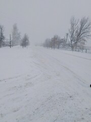   Winter, snowy road in a blizzard.