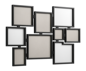 A collage frame set with interchangeable sections, allowing personalization in a family room.