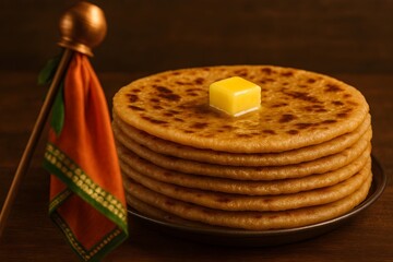 Flaky puran poli flatbreads layered high and finished with melting ghee, symbol of prosperity for Marathi New Year, captured in medium-format studio setup.