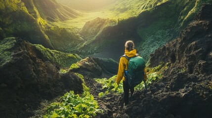 Woman hiking green valley mountain trail adventure travel backpacking scenic destination