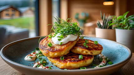 rosti topped with sour cream and chives, blurred cozy Alpine cabin interior
