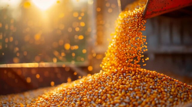 Golden corn kernels pouring from a harvest machine at sunset on a farm