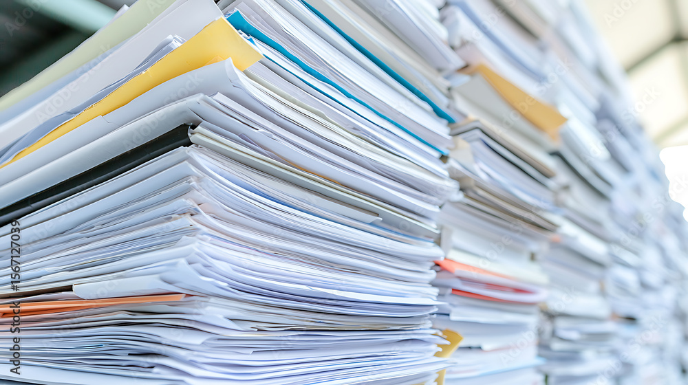 Poster stacks of paperwork: organized and ready for processing