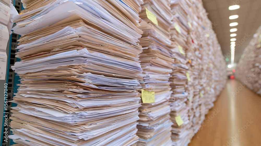 Poster overwhelming paper stacks fill a hallway. data storage challenges and the need for digital transform