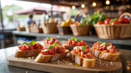 Delicious fresh bruschetta with ripe tomatoes, basil, garlic, and olive oil on a wooden board.
