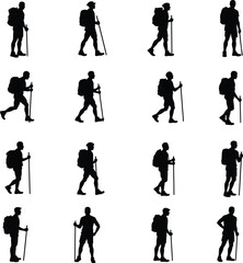 Obraz premium Twelve hiking backpacker silhouettes trekking outdoors