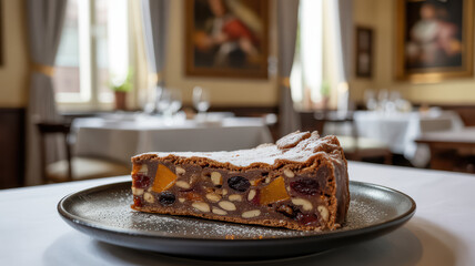 A rustic slice of Tuscan panforte with candied fruits and nuts, lightly dusted with powdered sugar.